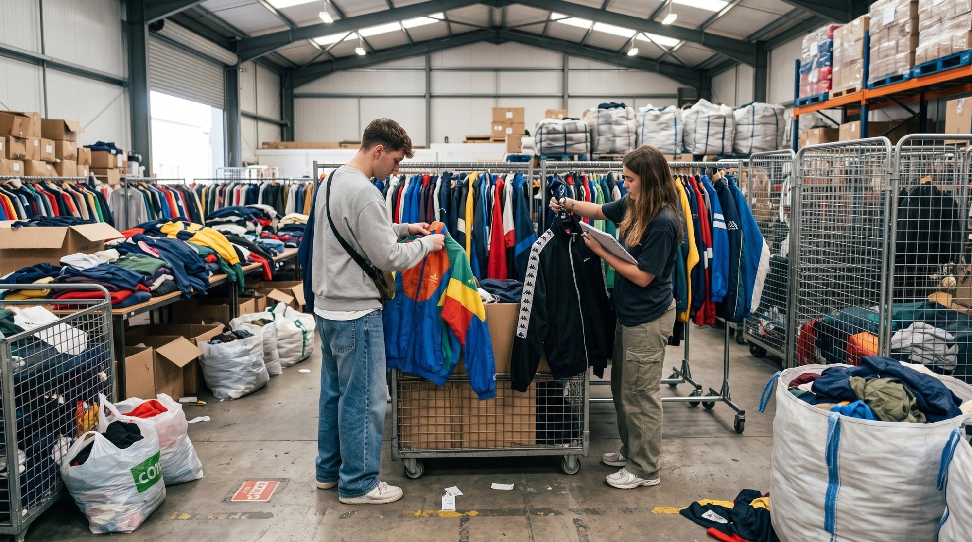 Dos revendedores eligiendo chaquetas de chándal vintage prenda a prenda en un almacén