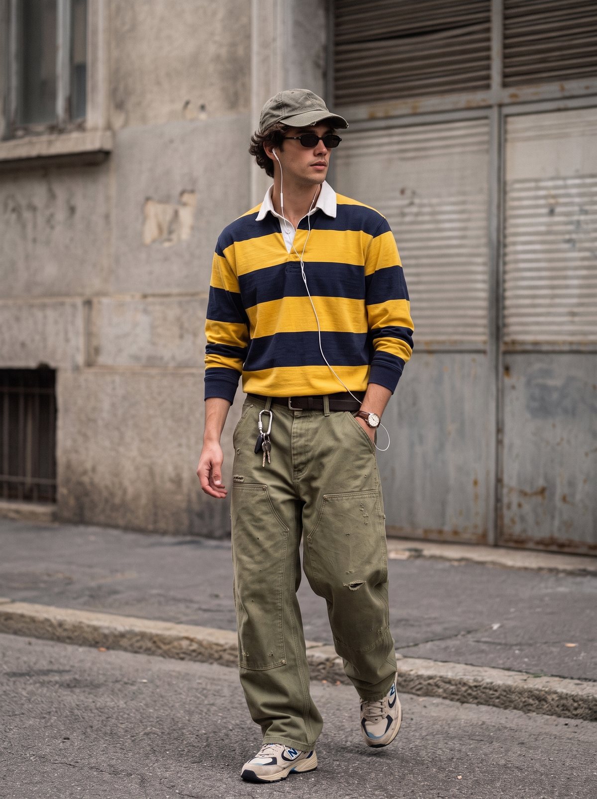 Chico con polo de rugby a rayas amarillas y marino, pantalón ancho verde y gorra