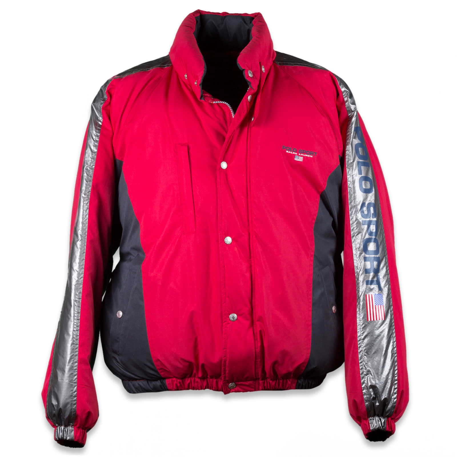 Plumífero Polo Sport rojo y gris con mangas plateadas y la bandera de Estados Unidos